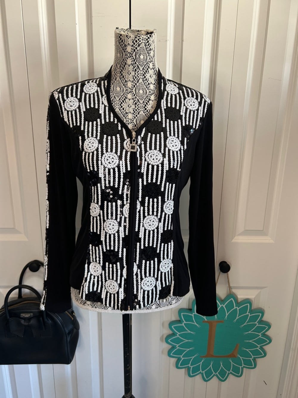 Belissima black and white front zip beaded statement jacket size medium